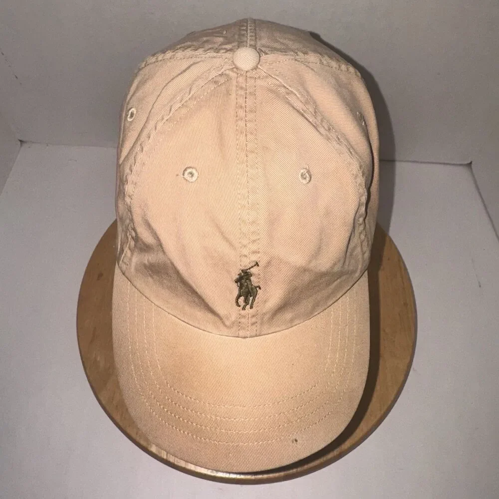 Polo Ralph Lauren Khaki Leather Strap Dad Hat Pony Logo Baseball Cap OSFA